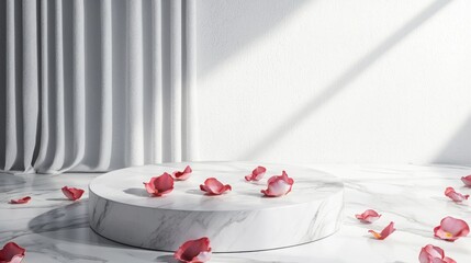 A serene, minimalistic interior featuring a circular marble platform surrounded by rose petals, all bathed in soft daylight.