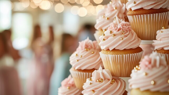 A delightful display of cupcakes adorned with pink icing and gold beads, arranged on a stand with soft bokeh lights in the background for a festive atmosphere.