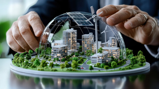 Architect presenting model of sustainable building with greenery, wind turbines, and solar panels, showcasing innovative urban design and eco friendly technology