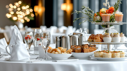 Elegant gourmet banquet setup featuring variety of delicious dishes, beautifully arranged with sparkling glassware and floral accents, creating warm and inviting atmosphere