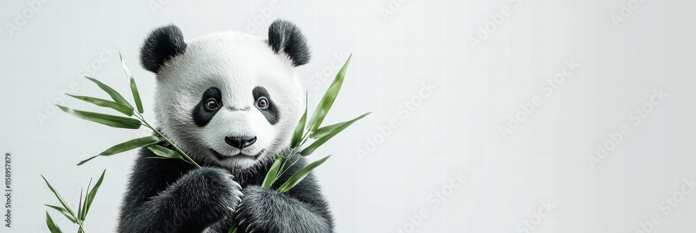 Leinwandbilder panda happily holding bamboo amidst a clean, neutral space perfect for adding text or messages. gene