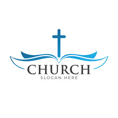 Christian Cross Church logo design vector illustration. cross logo with leaves around it