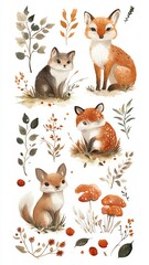 Obraz premium Charming watercolor foxes in natural settings.