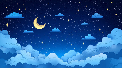 Obraz premium Night sky with crescent moon and fluffy clouds illuminated by stars above peaceful landscape