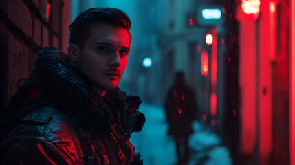 Fototapeta premium Urban winter night with a man in a stylish jacket standing in a narrow alley illuminated by red lights