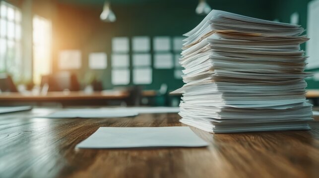 A neatly organized stack of papers is illuminated by sunlight in a modern academic setting, symbolizing knowledge, achievement, and educational pursuits.