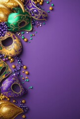 Naklejka premium Colorful and Festive Mardi Gras Masks with Glitter and Beads on Purple Background Ideal for Celebratory Occasions and Carnival Themed Events
