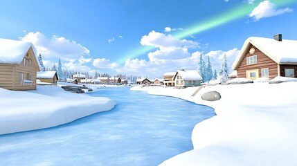 Winter Wonderland  Snowy Village by Frozen River  Rainbow Sky