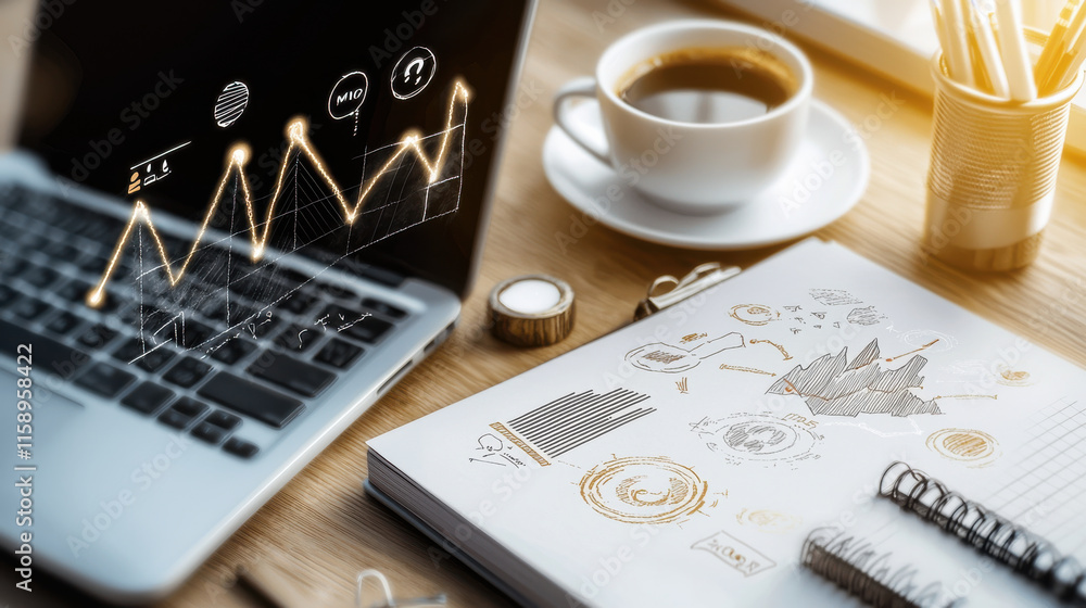 Poster modern workspace featuring laptop, coffee cup, and notebook with graphs and sketches. scene conveys productivity and creativity in professional environment