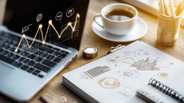 modern workspace featuring laptop, coffee cup, and notebook with graphs and sketches. scene conveys productivity and creativity in professional environment - Powered by Adobe
