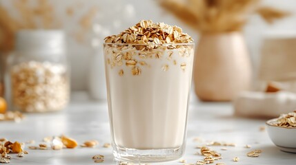 Overhead view of creamy milk in glass with scattered oats and granola, styled on white marble background to create appetizing breakfast scene with clean, minimalist aesthetic and crisp details.