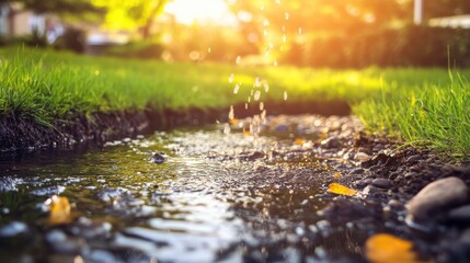 Fototapeta premium Shallow Pond Under Bright Midday Sunlight in Farmland