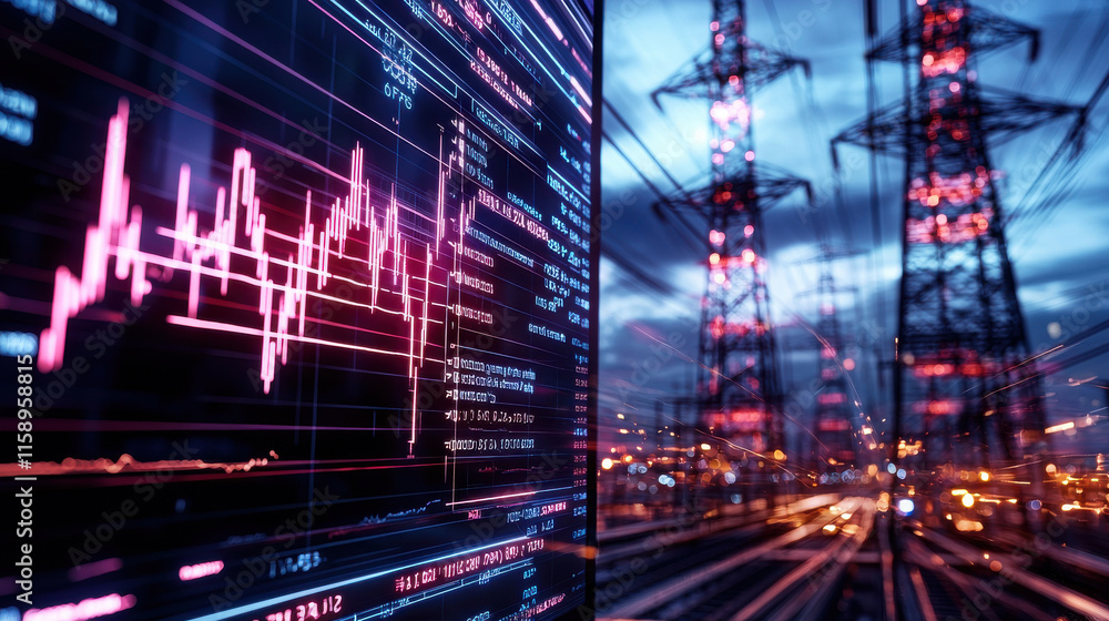 Poster digital monitor displaying energy stock trends with power lines in background, showcasing data visualization and technology in industrial setting
