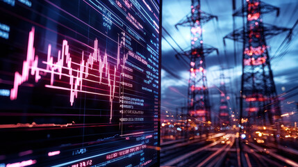 digital monitor displaying energy stock trends with power lines in background, showcasing data visualization and technology in industrial setting