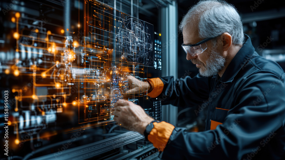 Poster factory technician interacts with machine learning technology, analyzing data and optimizing processes. environment is high tech and innovative, showcasing advanced machinery