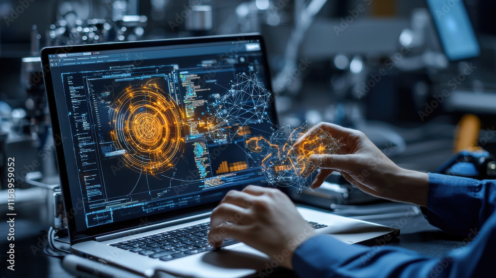 Poster technician using machine learning on laptop, analyzing data visualizations and network connections in modern workspace. atmosphere is focused and innovative