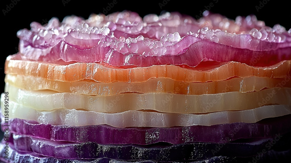 Poster a close-up of a multicolored cake with icing on the top and bottom