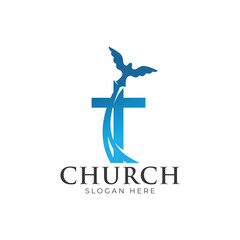 Christian Cross Church logo design vector illustration. cross logo with leaves around it