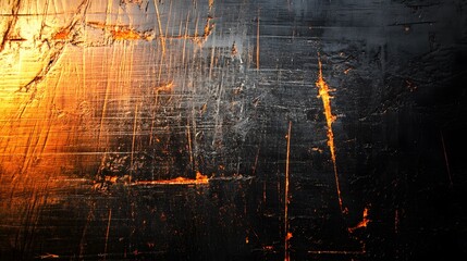 Close-up of a dark wooden surface with orange-glowing scratches and lines, illuminated by warm light.