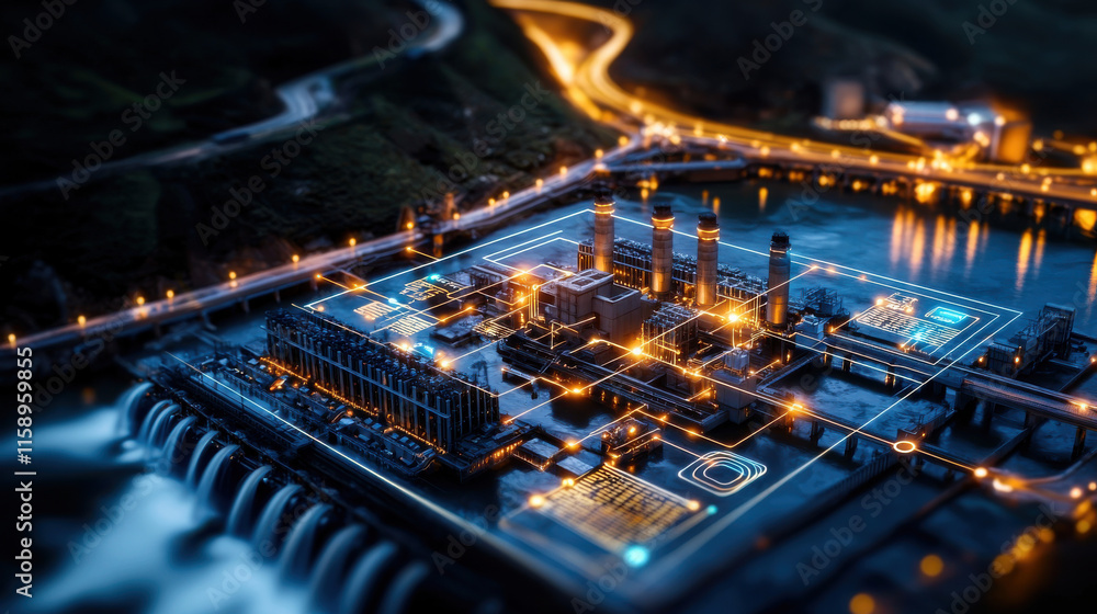 Poster hydroelectric facility at night with illuminated structures and water cascading. scene showcases mod