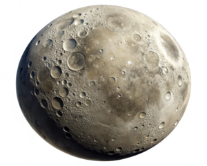 A highly detailed, textured moon with visible craters and a slightly gray tone, placed on a crisp white background for clarity