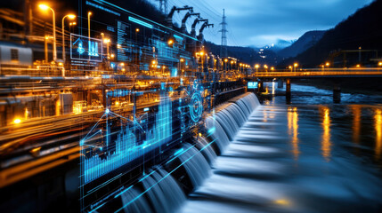 Obraz premium hydroelectric facility at night with water cascading, illuminated by lights and digital overlays, showcasing technology and energy production