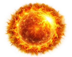A bright, fiery sun with intense orange and yellow flames radiating outward, the glowing core casting soft shadows on a pure white background