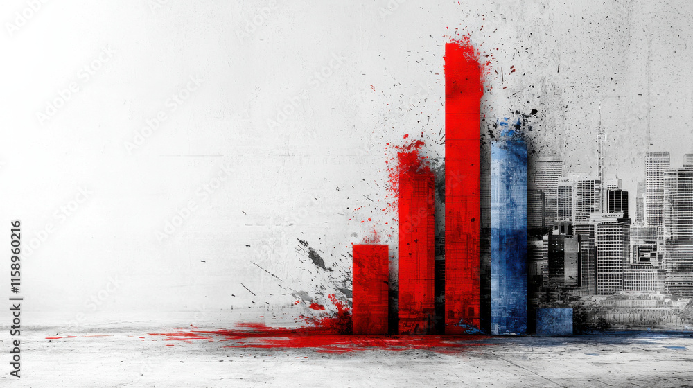 Poster Dynamic bar chart illustrating economic growth and inflation trends, featuring bold red and blue colors against urban backdrop. visual impact conveys sense of urgency and change