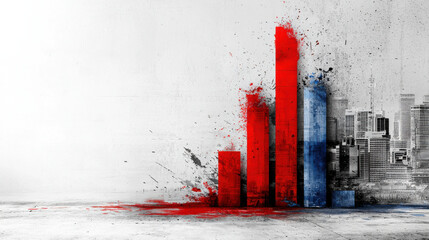 Dynamic bar chart illustrating economic growth and inflation trends, featuring bold red and blue colors against urban backdrop. visual impact conveys sense of urgency and change