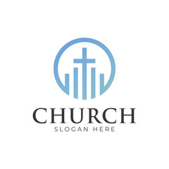 Christian Cross Church logo design vector illustration. cross logo with leaves around it