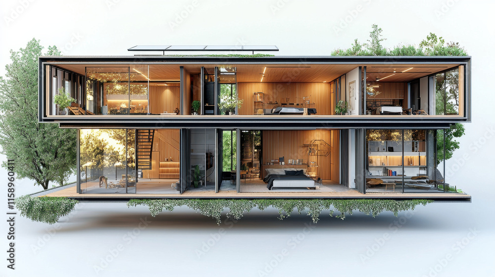 Aufkleber Modern house design with large windows, greenery, and open spaces. This architectural marvel features blend of nature and contemporary living, showcasing sustainable elements and stylish interiors