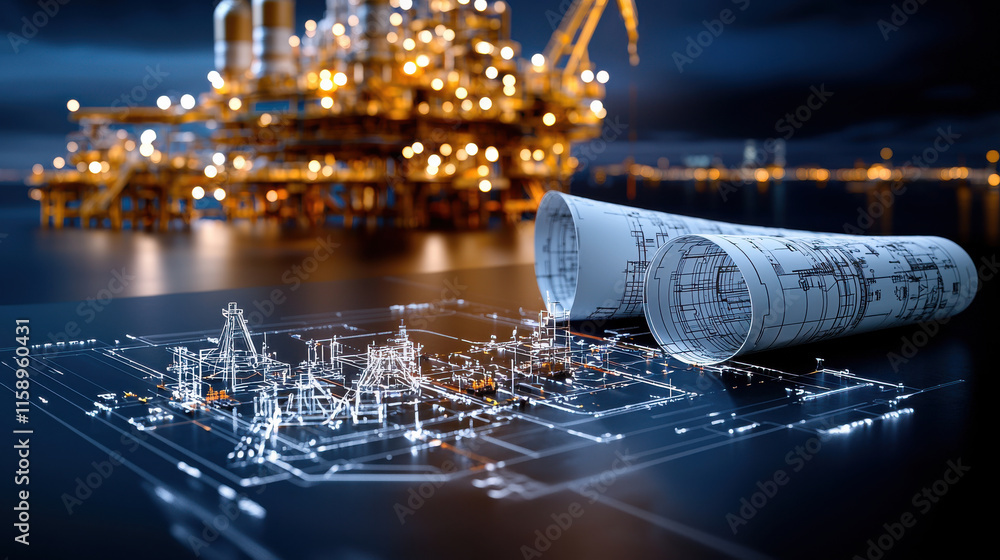 Aufkleber engineers analyzing blueprints on oil rig at night, showcasing detailed plans and illuminated struct