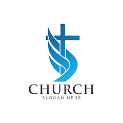 Christian Cross Church logo design vector illustration. cross logo with leaves around it