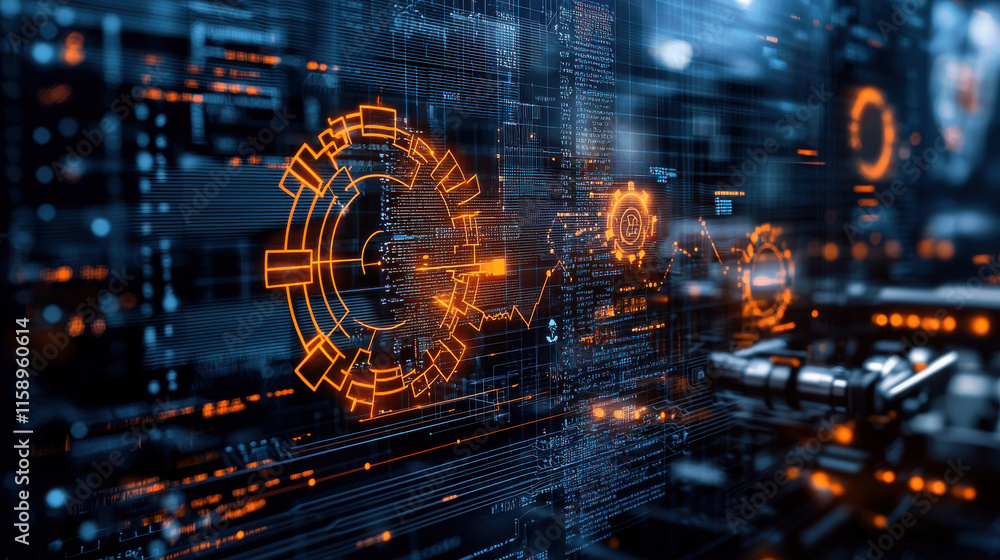 Poster futuristic industrial automation system with machine learning elements, showcasing intricate digital