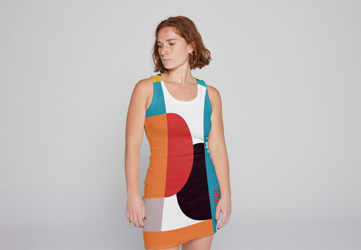 Confident redhead Woman with real body  In Dress. Total print design. PSD mockup template