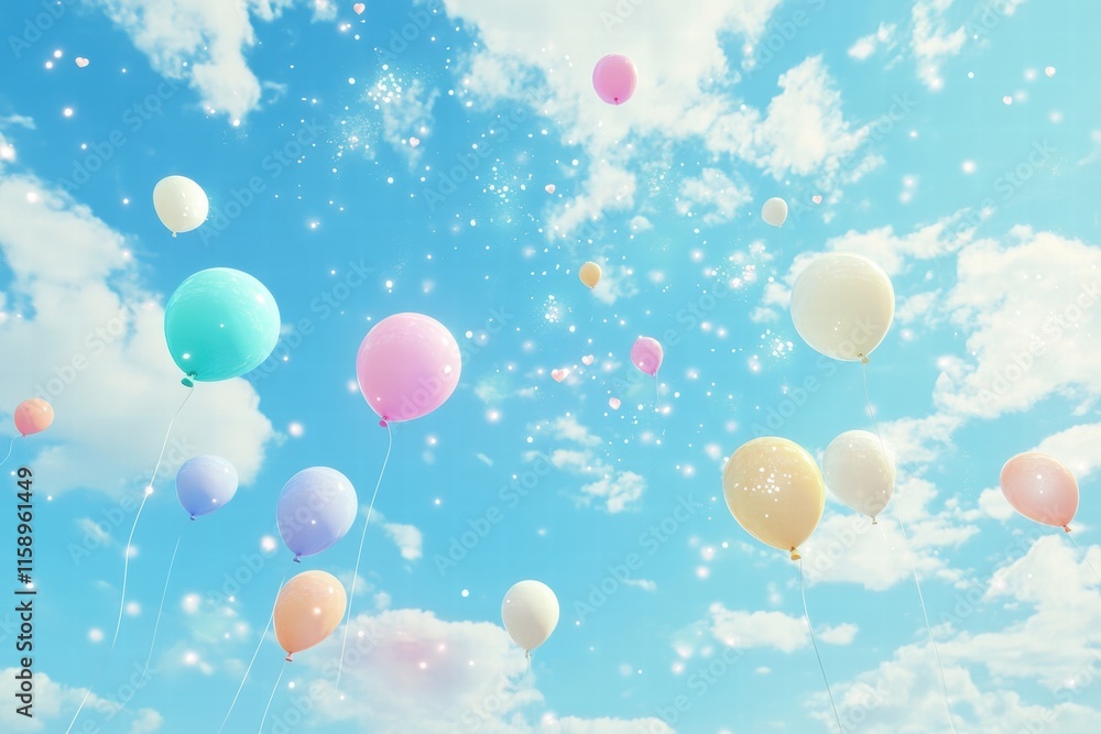 Poster colorful balloons float gently in a clear blue sky, creating a cheerful atmosphere during a sunny da