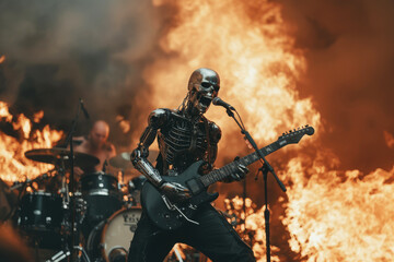 Fototapeta premium A dynamic heavy metal band of humanoid robots captivates the audience with electrifying performances on stage, surrounded by fiery flames and pulsating lights