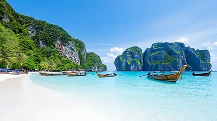 Obraz premium Idyllic Tropical Beach Longtail Boats Turquoise Water Cliffs