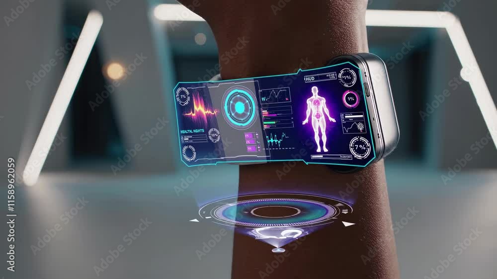 Poster future wearable technology displaying health metrics in a modern setting with holographic interface