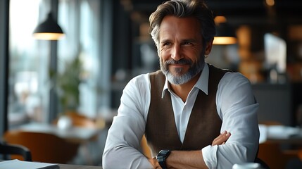 Obraz premium Businessman smiling in modern office urban environment portrait