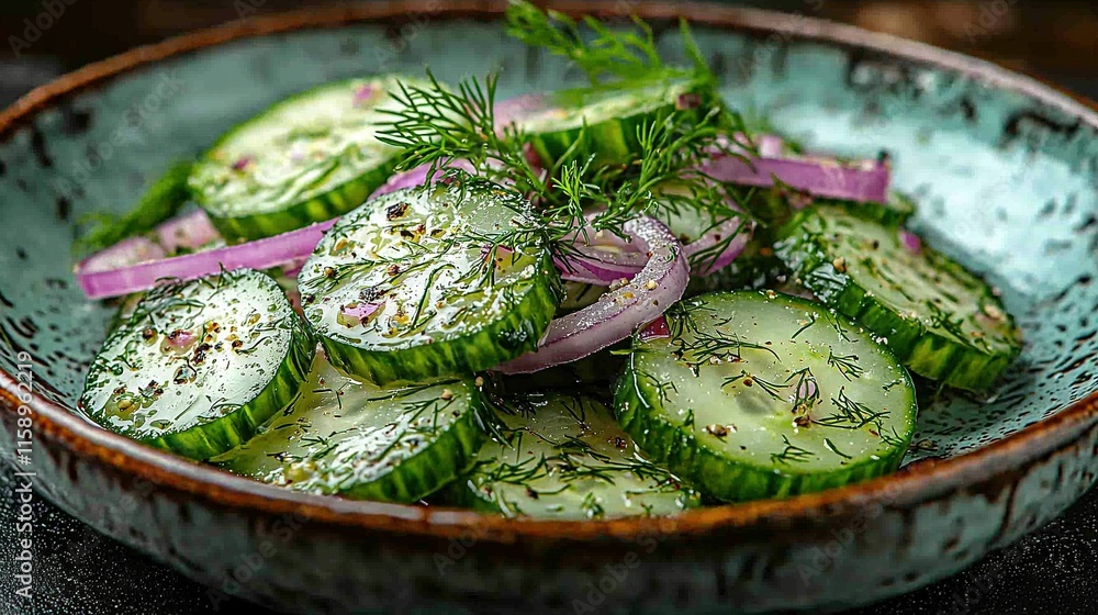 Poster a high-resolution photo of a cucumber and onion salad bowl resting on a dark wooden table surface