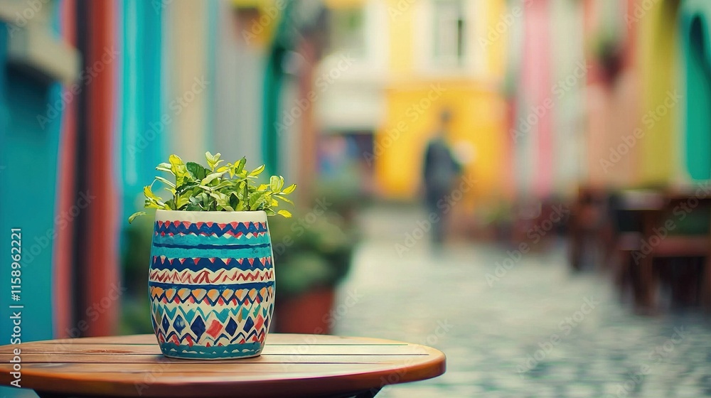 Poster a colorful building is visible behind a potted plant placed on a table in the foreground a person pa