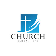 Fototapeta premium Christian Cross Church logo design vector illustration. cross logo with leaves around it