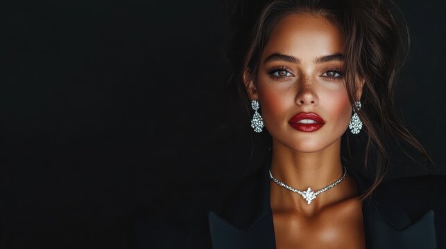Capturing a woman's elegance with dark background, vibrant makeup, sparkling jewelry, and a confident expression, exuding sophistication and charm.