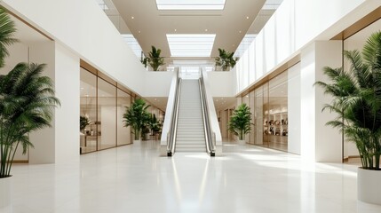 Fototapeta premium A spacious, bright mall interior features a central escalator and lush green plants, reflecting a modern and inviting commercial space design.