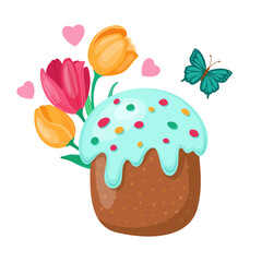 A Colorful Easter Cake decorated with Beautiful Flowers and Charming Butterflies. Vector illustration.