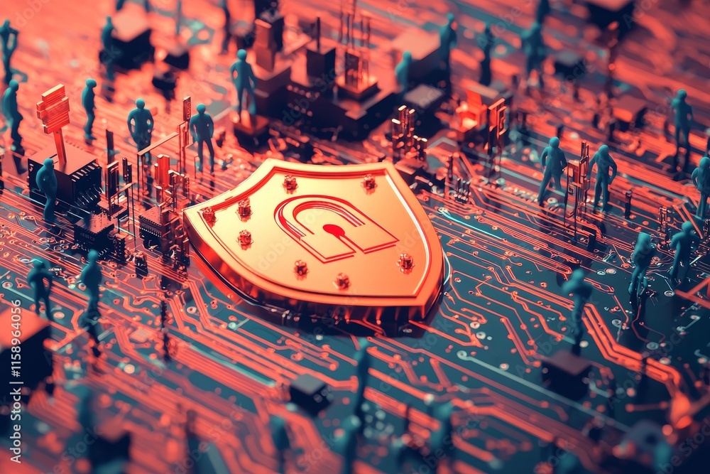 Poster visualization depicting a cybersecurity network with data flow protection, using shields and padlock