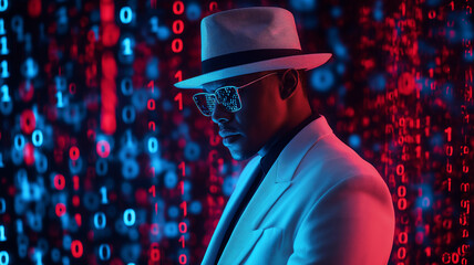 White hat hacker in a white suit and hat, wearing futuristic glasses, surrounded by glowing red and blue binary code in a high-tech cybersecurity concept