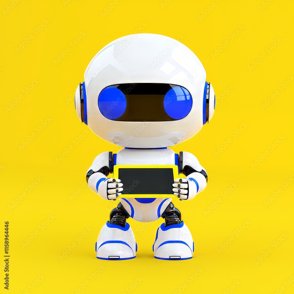 Poster an ai robot using a tablet while floating or flying, set against a yellow pastel background.