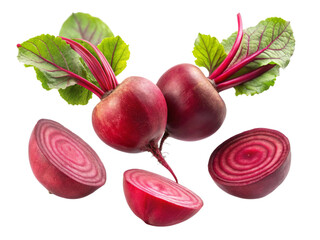 flying red beetroot and half slices isolated on white background
